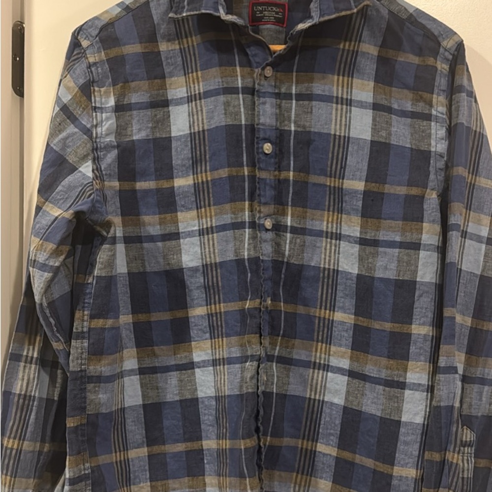 UNTUCKit Men’s Medium Linen Navy and Tan Plaid Button Down